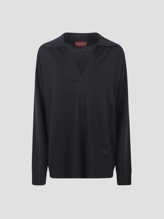 25FW 구찌 딥 브이넥 리브드 커프 울 폴로 스웨터  793883XKFA8 4215 NAVY