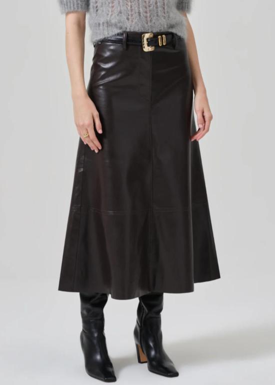  시티즌 오브 휴머니티 데님 스커트 카시아 레더 스커트 초콜릿 브라운