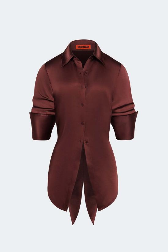  사이먼밀러 블라우스 사이먼 밀러 로크 새틴 버튼업 셔츠 초코 브라운