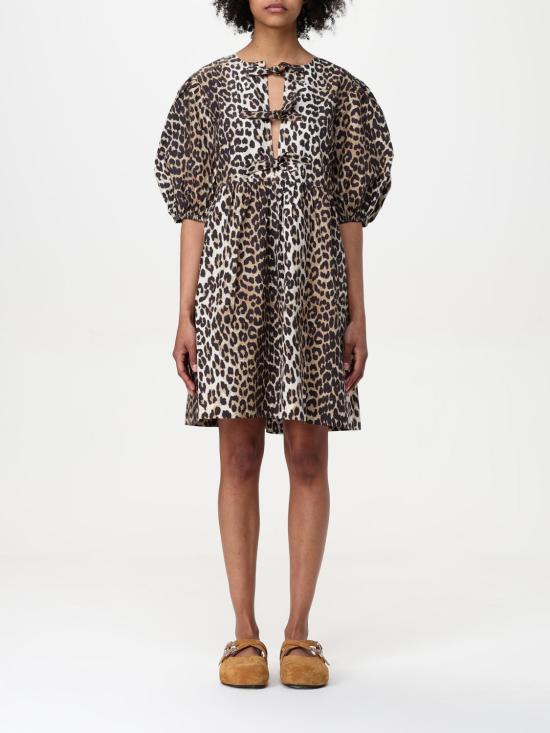 26SS 가니 프린티드 타이 스트링 포플린 미니 드레스 F9758 943 Brown