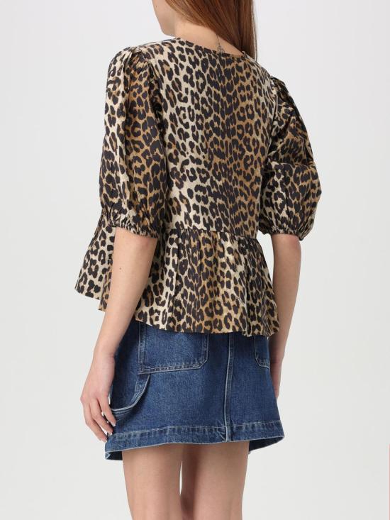 26SS 가니 레오파드 코튼 포플린 페플럼 타이 블라우스 F9116 943 Brown - GANNI