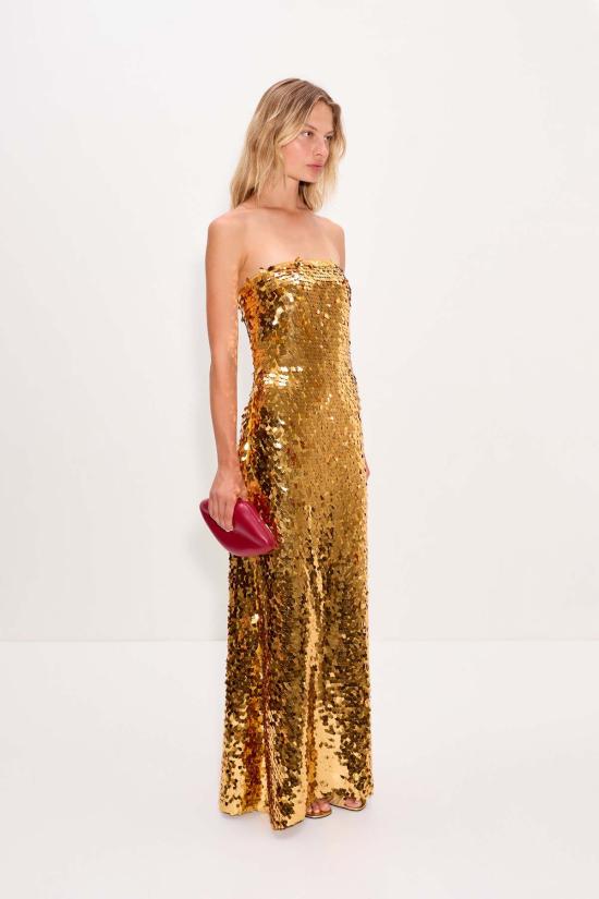  사이먼밀러 롱 원피스 사이먼 밀러 스컬프티 스트랩리스 스팽글 드레스 스타 골드 - SIMONMILLER