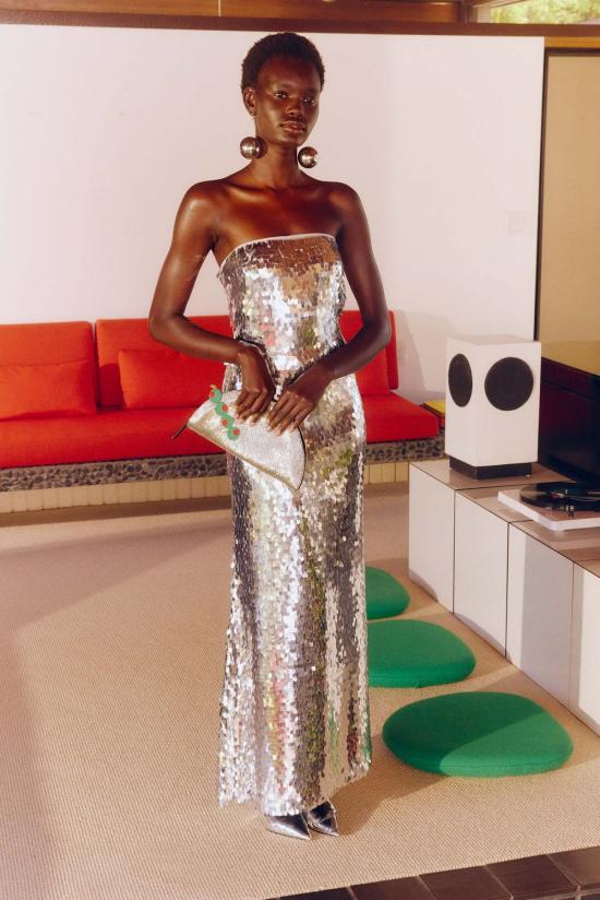  사이먼밀러 롱 원피스 사이먼 밀러 스컬프티 스트랩리스 스팽글 드레스 새틀라이트 실버 - SIMONMILLER