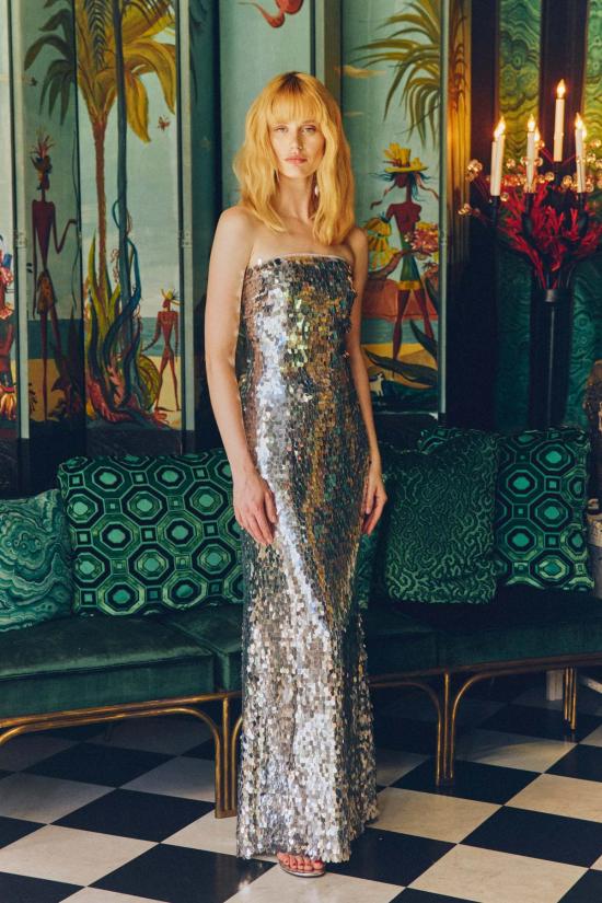  사이먼밀러 롱 원피스 사이먼 밀러 스컬프티 스트랩리스 스팽글 드레스 새틀라이트 실버