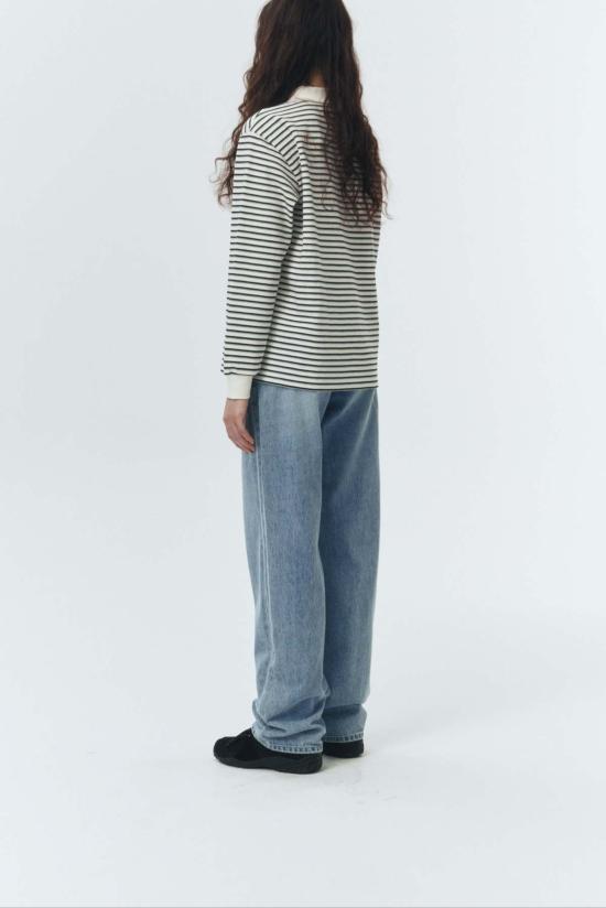  던스트 긴팔 티셔츠 멀티 스트라이프 칼라 긴팔 폴로 티셔츠 아이보리 스트라이프 - DUNST