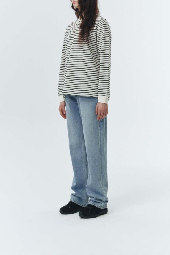  던스트 긴팔 티셔츠 멀티 스트라이프 칼라 긴팔 폴로 티셔츠 아이보리 스트라이프 - DUNST