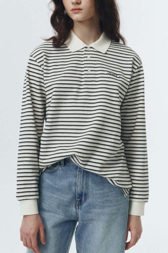  던스트 긴팔 티셔츠 멀티 스트라이프 칼라 긴팔 폴로 티셔츠 아이보리 스트라이프 - DUNST