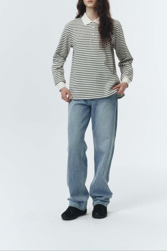  던스트 긴팔 티셔츠 멀티 스트라이프 칼라 긴팔 폴로 티셔츠 아이보리 스트라이프 - DUNST