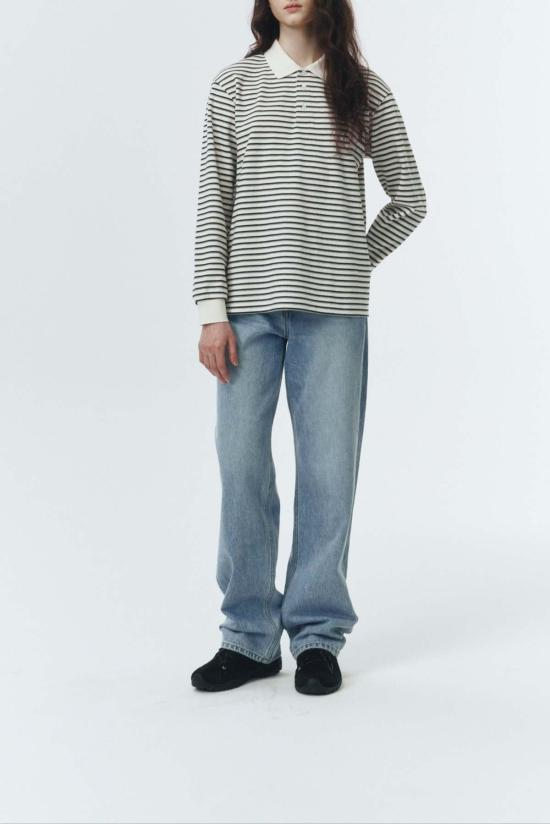  던스트 긴팔 티셔츠 멀티 스트라이프 칼라 긴팔 폴로 티셔츠 아이보리 스트라이프 - DUNST