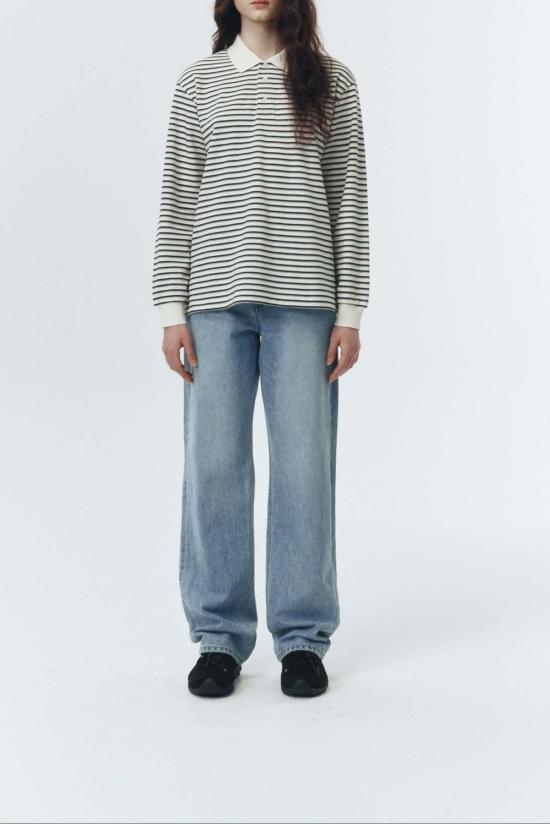  던스트 긴팔 티셔츠 멀티 스트라이프 칼라 긴팔 폴로 티셔츠 아이보리 스트라이프 - DUNST