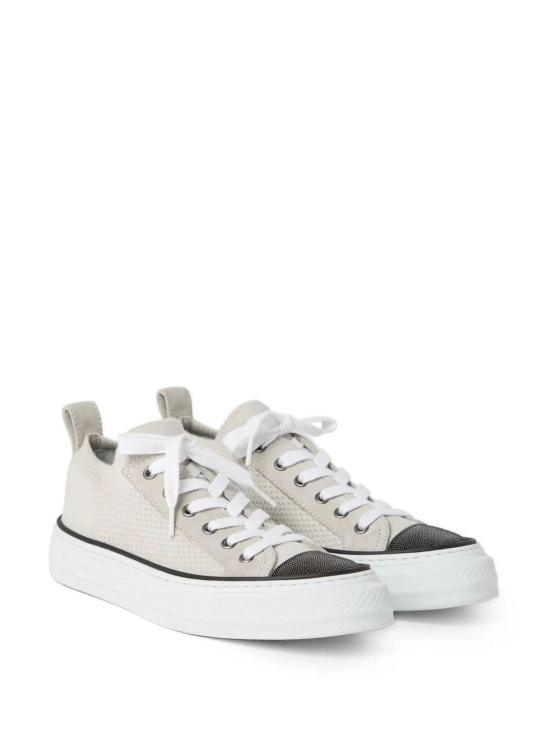 26SS 브루넬로 쿠치넬리 프레셔스 토 코튼 니트 & 스웨이드 스니커즈 MZ35G2650C9588 White - BRUNELLO CUCINELLI