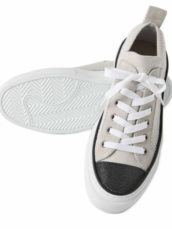 26SS 브루넬로 쿠치넬리 프레셔스 토 코튼 니트 & 스웨이드 스니커즈 MZ35G2650C9588 White - BRUNELLO CUCINELLI