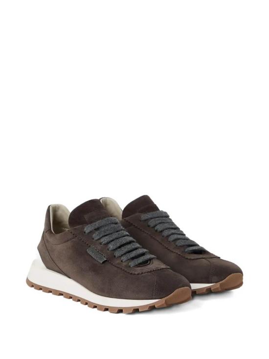 25FW 브루넬로 쿠치넬리 샤이니 탭 디테일 스웨이드 러닝 스니커즈 MZSFG2110C7284 Brown - BRUNELLO CUCINELLI