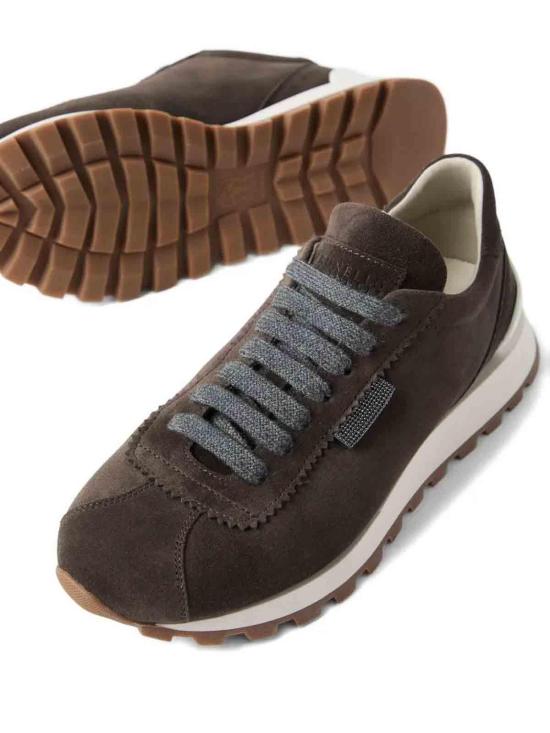 25FW 브루넬로 쿠치넬리 샤이니 탭 디테일 스웨이드 러닝 스니커즈 MZSFG2110C7284 Brown - BRUNELLO CUCINELLI