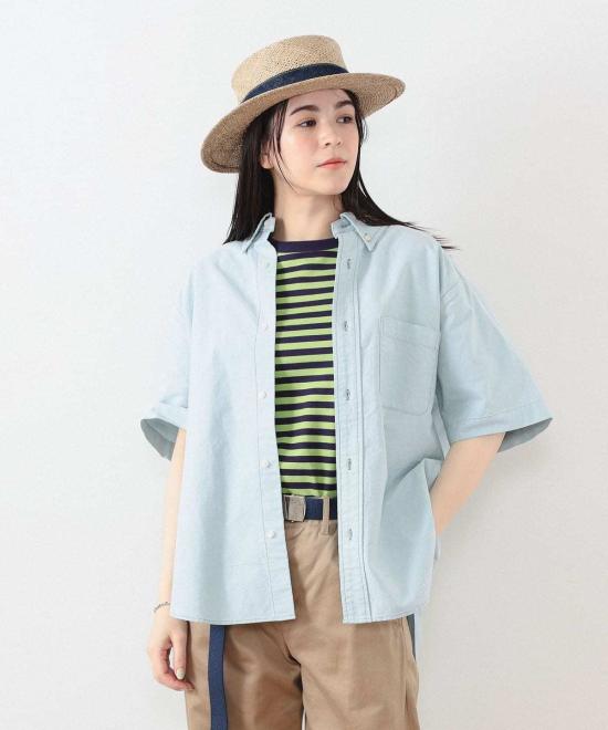  빔스 셔츠 보이 빅 버튼 다운 반팔 셔츠 그린 - BEAMS