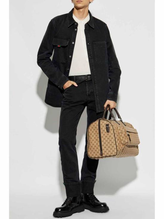  구찌 웹 롤업 레더 패치 슬림 데님 팬츠 796483XDC291168 Blue - GUCCI