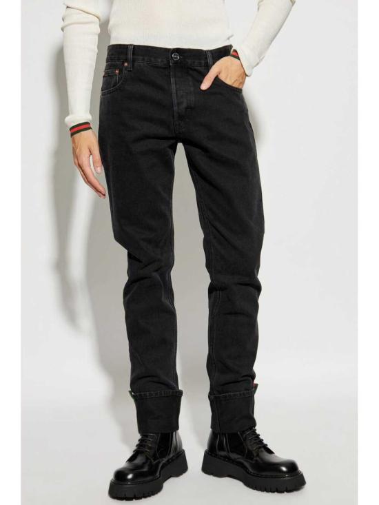  구찌 웹 롤업 레더 패치 슬림 데님 팬츠 796483XDC291168 Blue - GUCCI