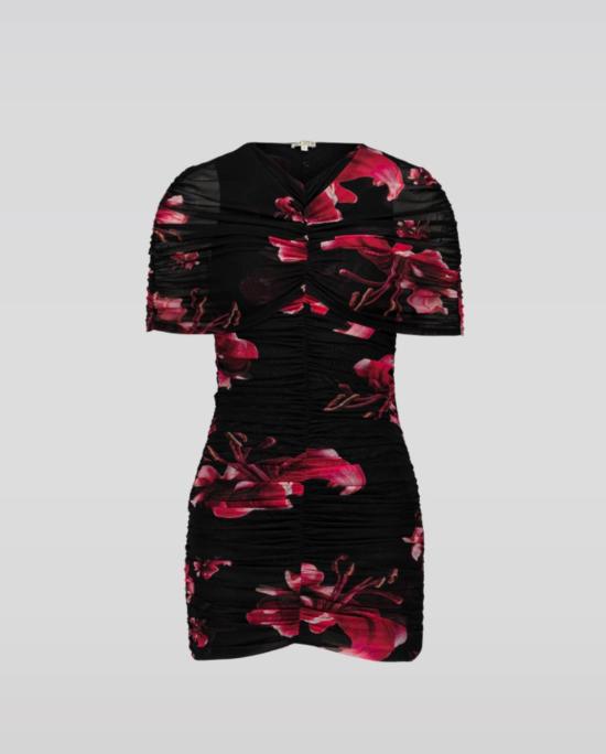  샘디 숏 원피스 메시 플로럴 케이프 미니 드레스