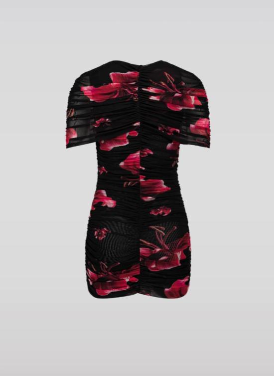  샘디 숏 원피스 메시 플로럴 케이프 미니 드레스 - SAEMDI