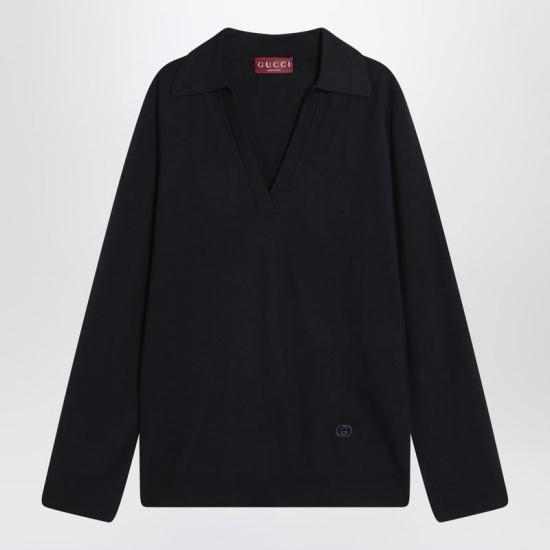 25FW 구찌 딥 브이넥 리브드 커프 울 폴로 스웨터  793883XKFA8 R GUC 4215 BLUE