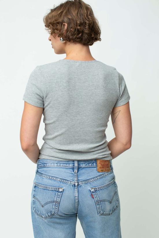  도니 반팔 티셔츠 . 빈티지 리브 레이스 티셔츠 헤더 그레이 - DONNI.