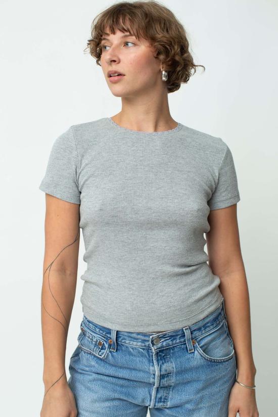  도니 반팔 티셔츠 . 빈티지 리브 레이스 티셔츠 헤더 그레이 - DONNI.