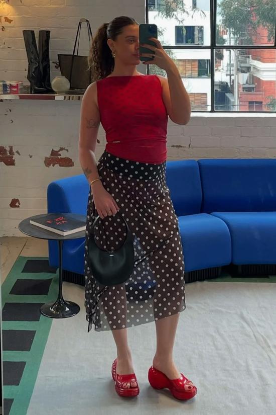  하우스오브써니 미디 스커트 하우스 오브 써니 폴카 도트 메시 프린트 스커트 멀티 - HOUSE OF SUNNY