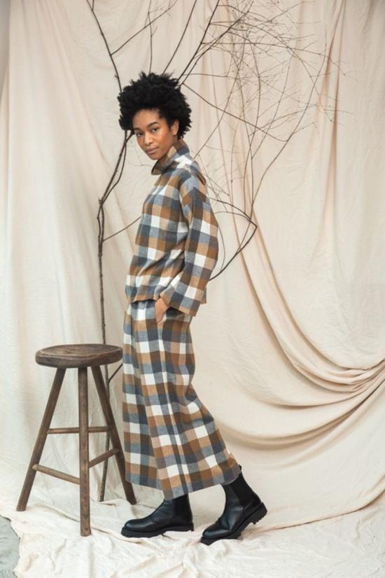  보몽 오가닉 크롭 팬츠 보몬트 오가닉 에보라 브러시드 코튼 트라우저 탄 체크 - BEAUMONT ORGANIC