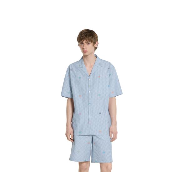 25FW 구찌 GG 캔버스 리넨 블렌드 볼링 셔츠  794907Z7AQO 9678 Clear Blue - GUCCI