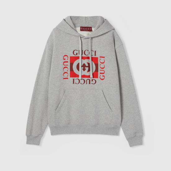 25FW 구찌 로고 프린트 코튼 저지 후드 티셔츠 788771XJHDP 1230 Grey