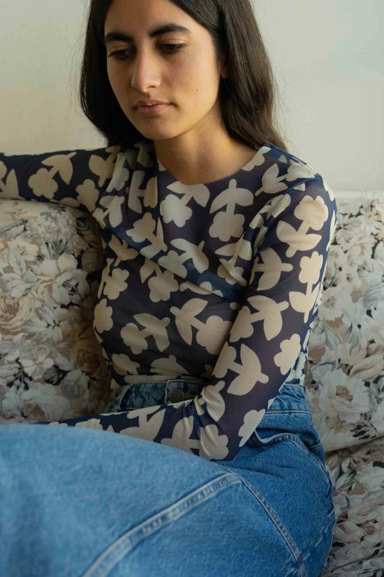  Mundaka 긴팔 티셔츠 문다카 블루 앤 화이트 플로럴 프린트 - OTHER BRANDS