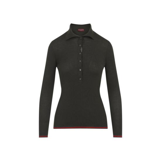 25FW 구찌 자수 캐시미어 실크 긴팔 티셔츠 810315 XKD8J Green