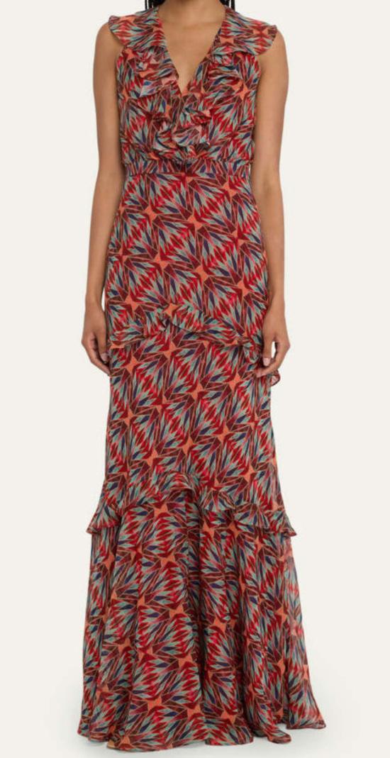  살로니 롱 원피스 실크 조르젯 티어드 러플 맥시 드레스 토파즈 - SALONI