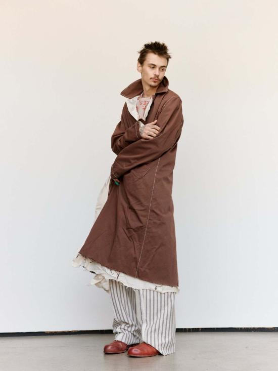  에드워드 커밍 코트 워시드 브라운 & 화이트 스로우온 피스 다이드 더스터 - EDWARD CUMING