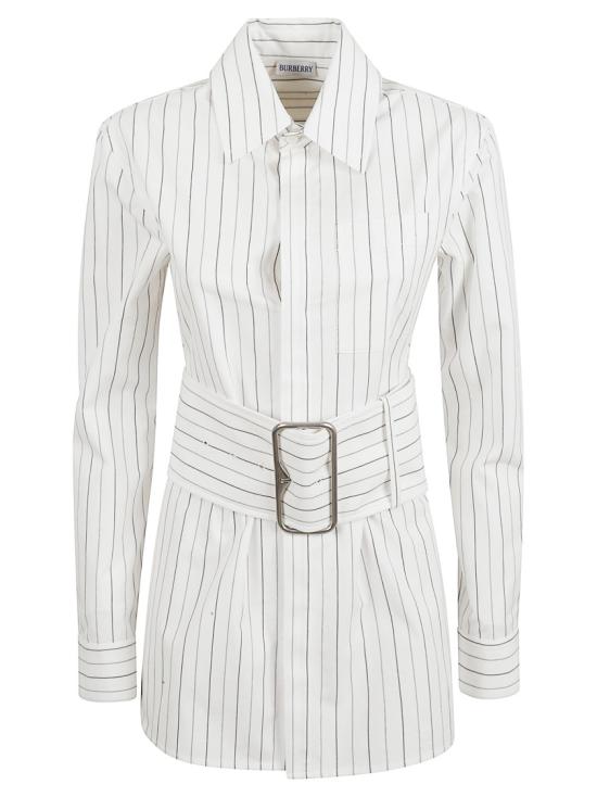 25SS 버버리 레귤러 핏 스트라이프 코튼 셔츠 스트링 콜 8103514 C2053 White