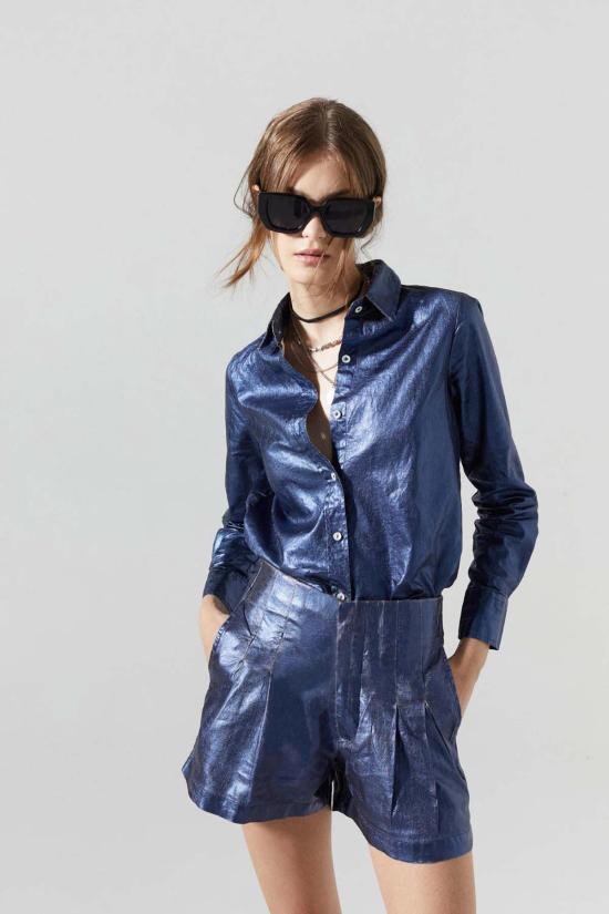  Lanhtropy 숏팬츠 란트로피 프리다 메탈릭 리넨 반바지 다크 블루