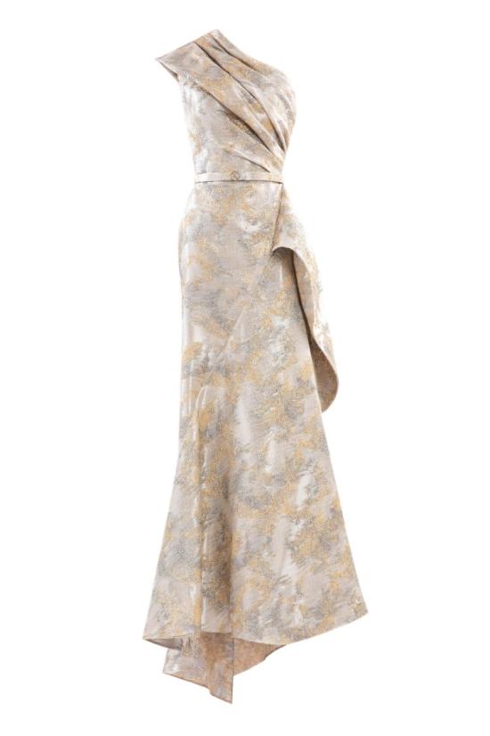  사이드 코베이시 롱 원피스 원숄더 브로케이드 드레스