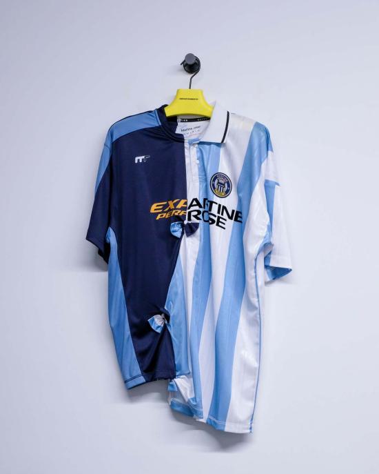  마틴로즈 반팔 티셔츠 마틴 로즈 블루 스트라이프 폴리 콜라주 축구 상의 - MARTINE ROSE