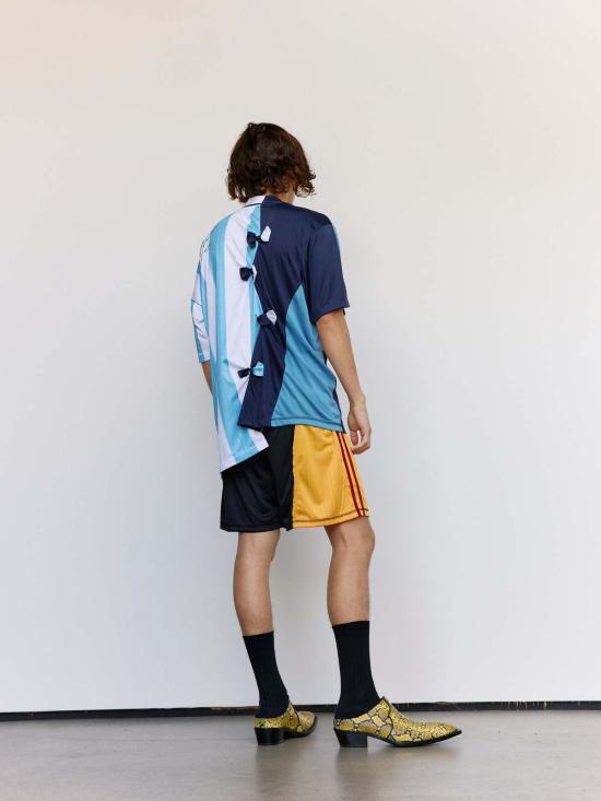  마틴로즈 반팔 티셔츠 마틴 로즈 블루 스트라이프 폴리 콜라주 축구 상의 - MARTINE ROSE