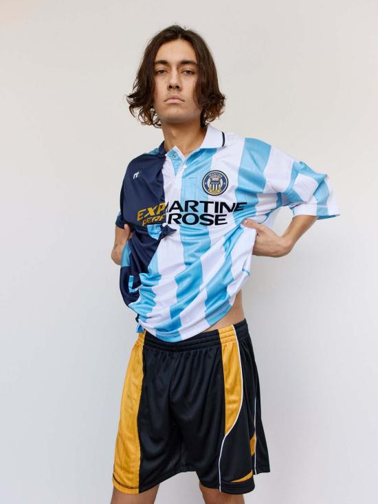  마틴로즈 반팔 티셔츠 마틴 로즈 블루 스트라이프 폴리 콜라주 축구 상의 - MARTINE ROSE