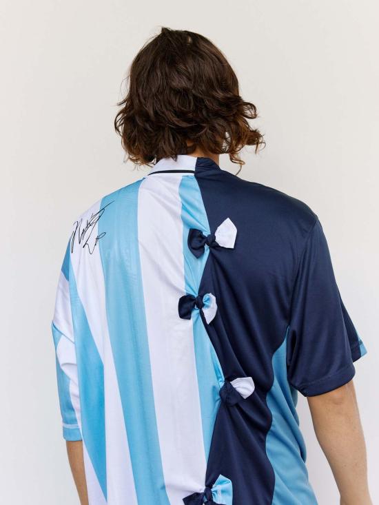  마틴로즈 반팔 티셔츠 마틴 로즈 블루 스트라이프 폴리 콜라주 축구 상의 - MARTINE ROSE