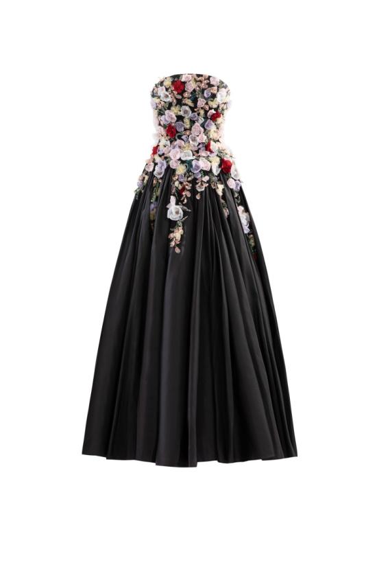  사이드 코베이시 롱 원피스 장식된 3D 꽃 태피터 가운
