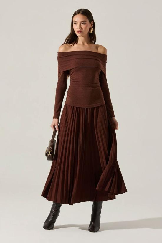  아스트라 더 라벨 롱 원피스 아스트 더 라벨 타나이아 믹스 미디어 드레스 브라운 - ASTR The Label