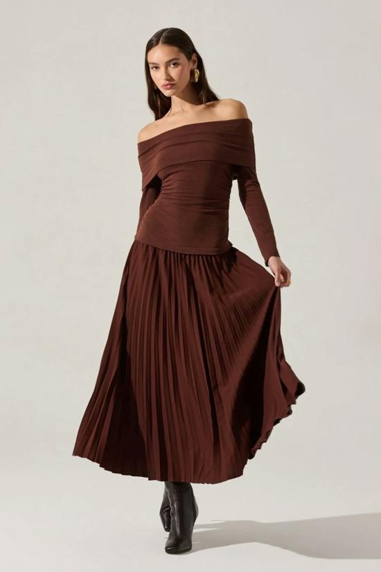  아스트라 더 라벨 롱 원피스 아스트 더 라벨 타나이아 믹스 미디어 드레스 브라운 - ASTR The Label