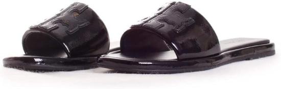  토리버치 뮬/슬리퍼 더블 T 페이턴트 레더 스포츠 슬라이드 퍼펙트 블랙