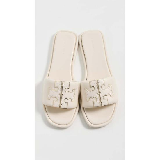  토리버치 샌들 더블 T 메탈릭 레더 스포츠 슬라이드 라이트 크림/골드 - TORY BURCH