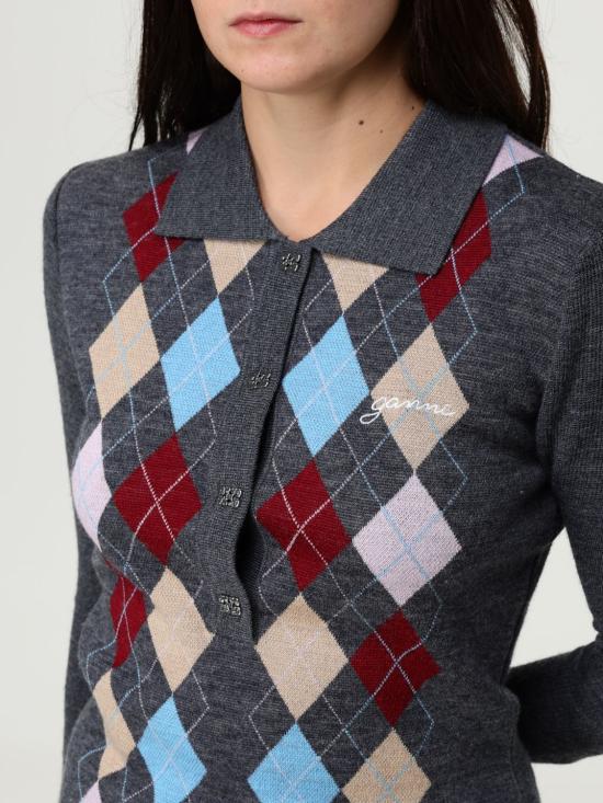 25FW 가니 아가일 니트 폴로 가디건 K2601 920 Grey - GANNI