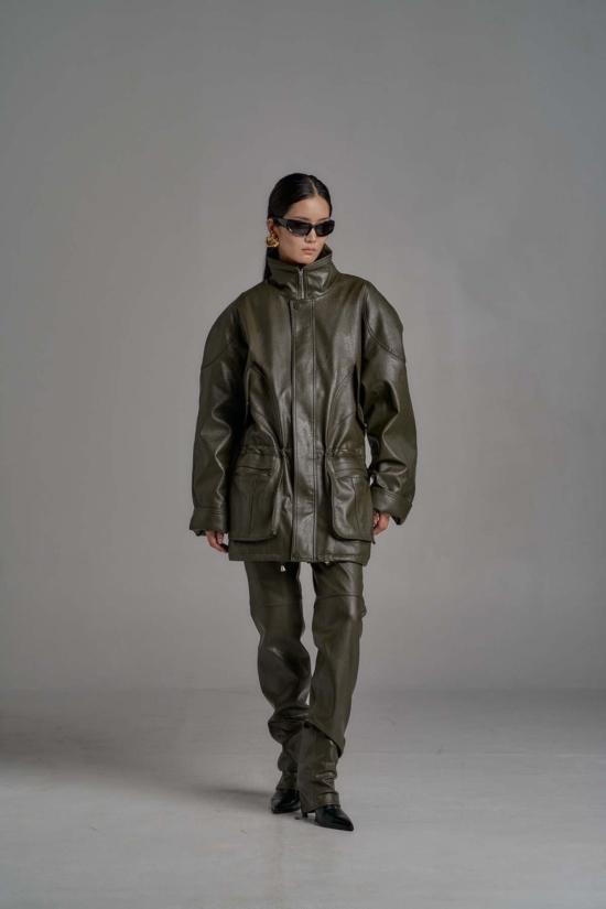  더 엔케이씨 스토어 봄버 자켓 Nkc 스토어 오버사이즈 비건 가죽 봄버 재킷 올리브 - The NKC Store