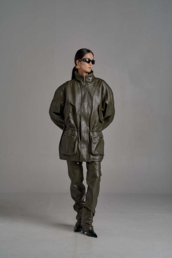  더 엔케이씨 스토어 봄버 자켓 Nkc 스토어 오버사이즈 비건 가죽 봄버 재킷 올리브 - The NKC Store