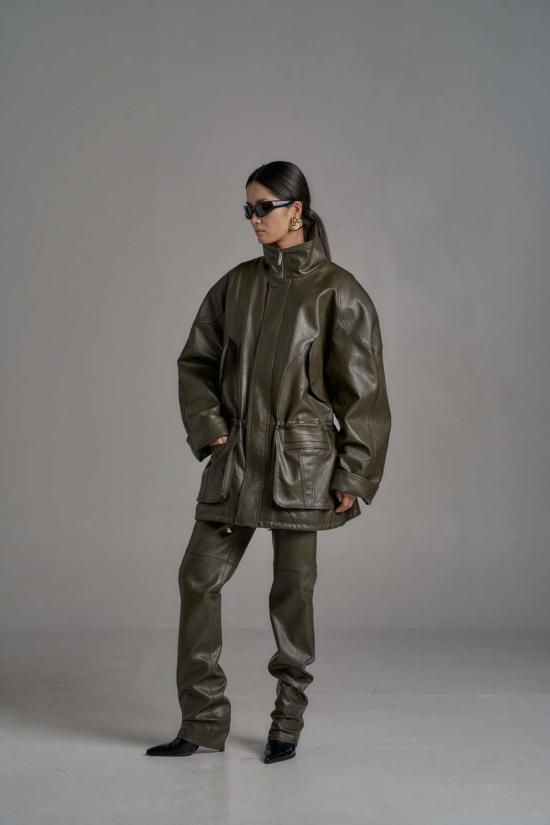  더 엔케이씨 스토어 봄버 자켓 Nkc 스토어 오버사이즈 비건 가죽 봄버 재킷 올리브 - The NKC Store